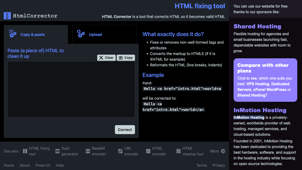 Screenshot of Html Corrector, www.htmlcorrector.com